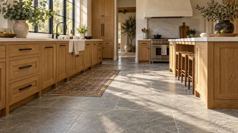 Kitchen flooring ideas with oak cabinets featuring matte gray limestone floor tiles and honey oak base cabinets.