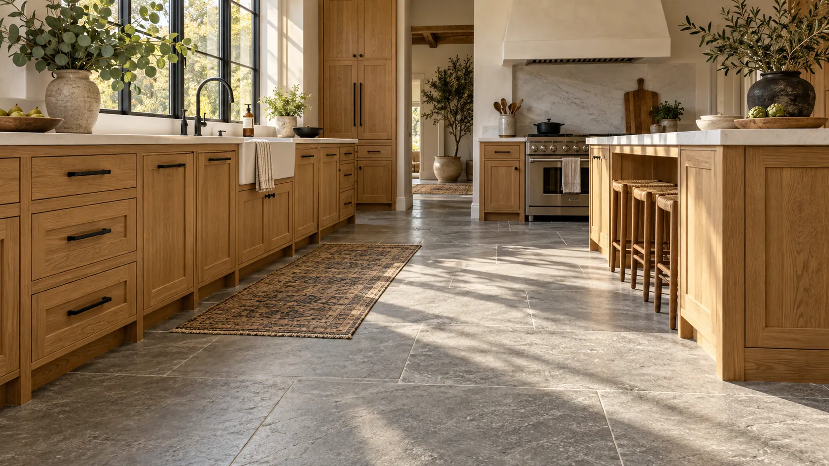 Kitchen flooring ideas with oak cabinets featuring matte gray limestone floor tiles and honey oak base cabinets.